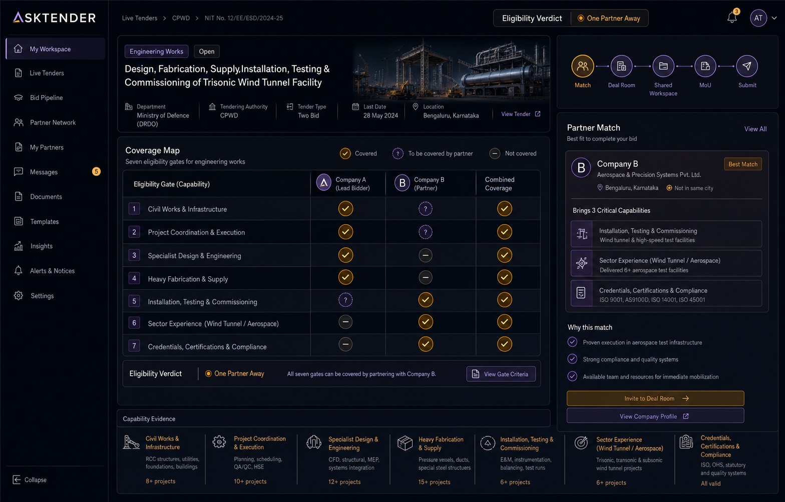 AskTender eligibility interface showing two complementary companies completing one engineering bid