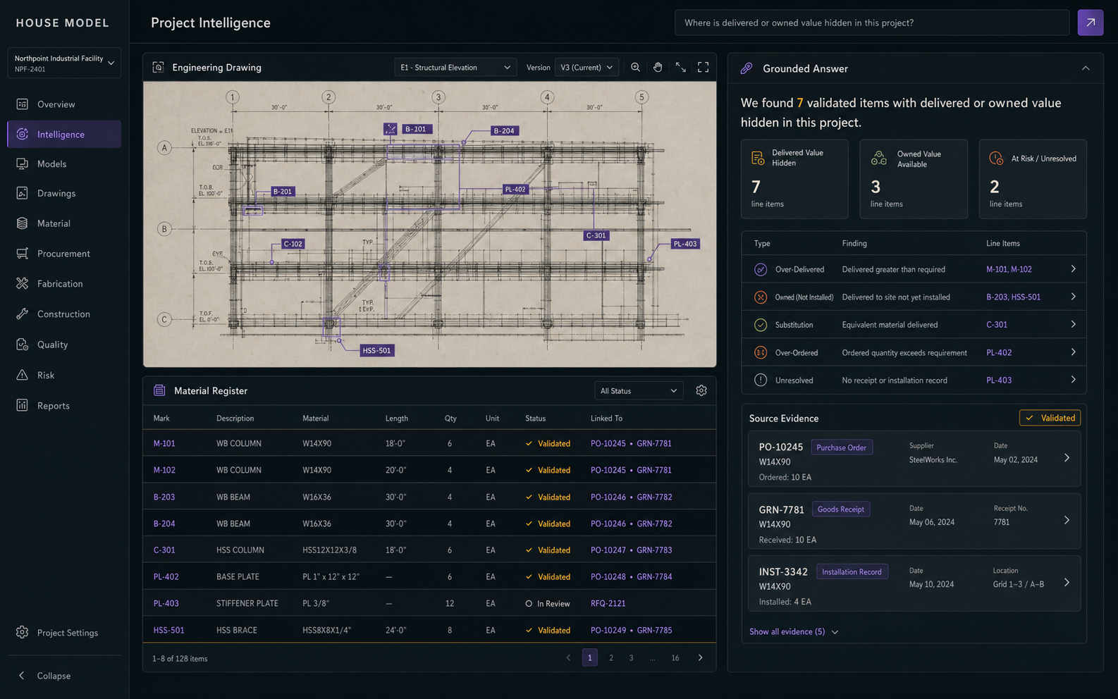 House Model interface reconciling an engineering drawing, material register and source evidence