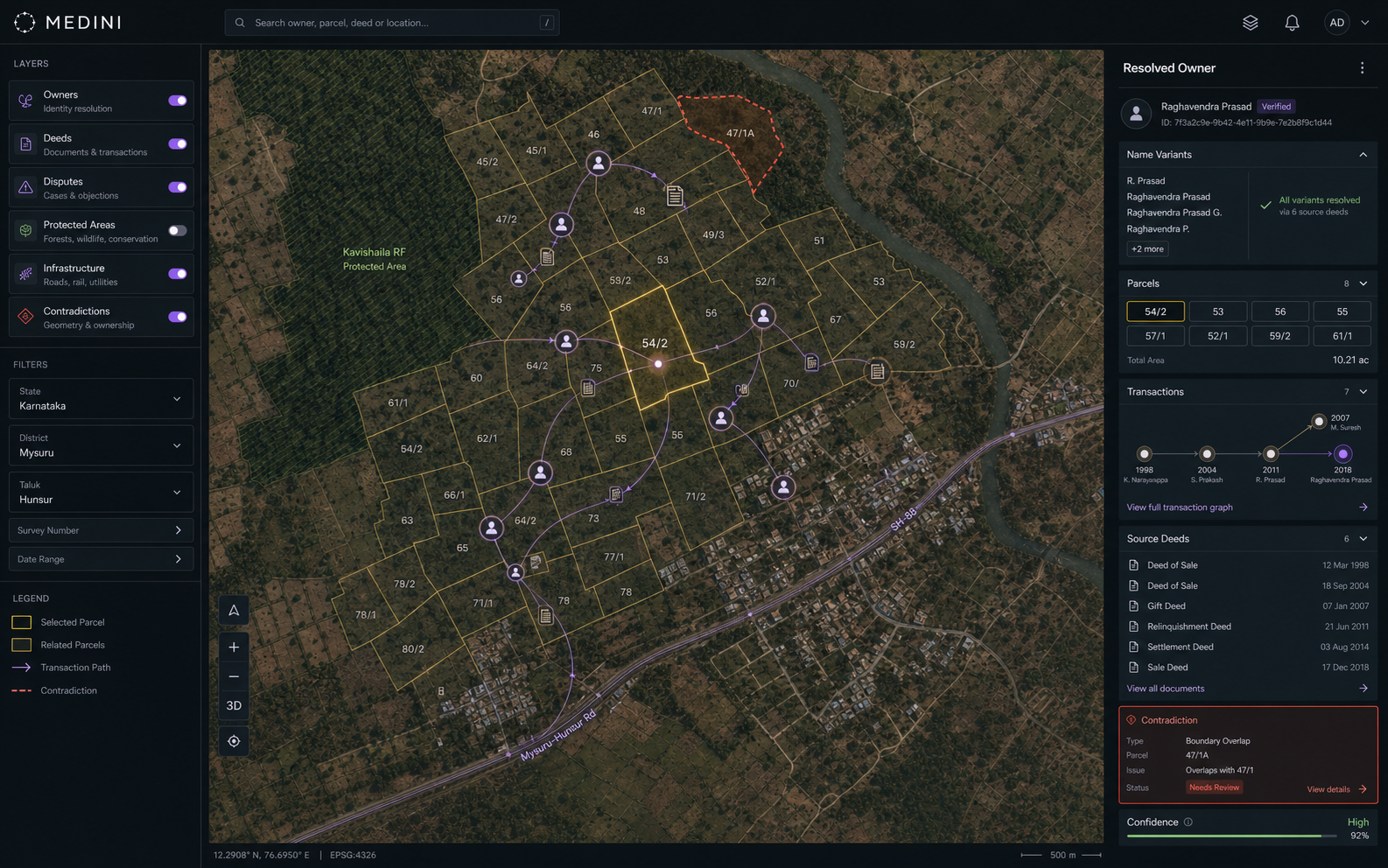 Medini map interface resolving owner aliases, parcel transactions, source deeds and contradictions